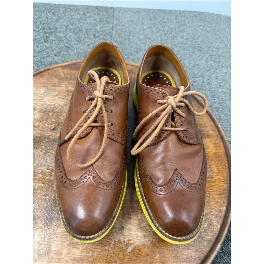Cole Haan Shoes Mens 7.5 Lunargrand Wingtip Brown Leather Yellow Sole Dress